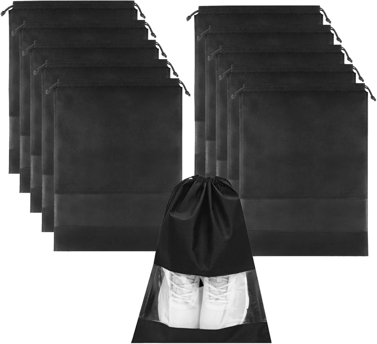 10 Pack Shoe Bags for Travel, 17.32in x 12.6in Travel Shoe Bag with Dustproof Drawstring and Clear Window, Portable Shoe Pouch Storage Organizers Vacation Essentials for Men & Women, Non-Woven Black