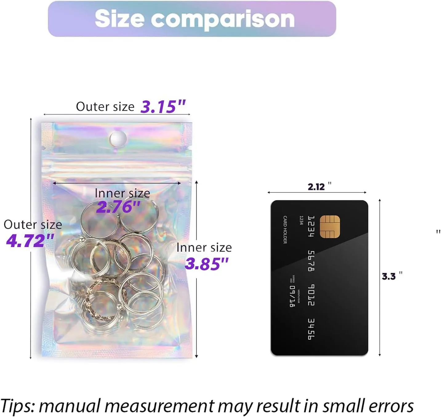 100Pcs Holographic Packaging Bags, 3x4 inch Resealable Foil Pouch Mylar Sample Bag Great for Small Business and Party Favor Food Storage