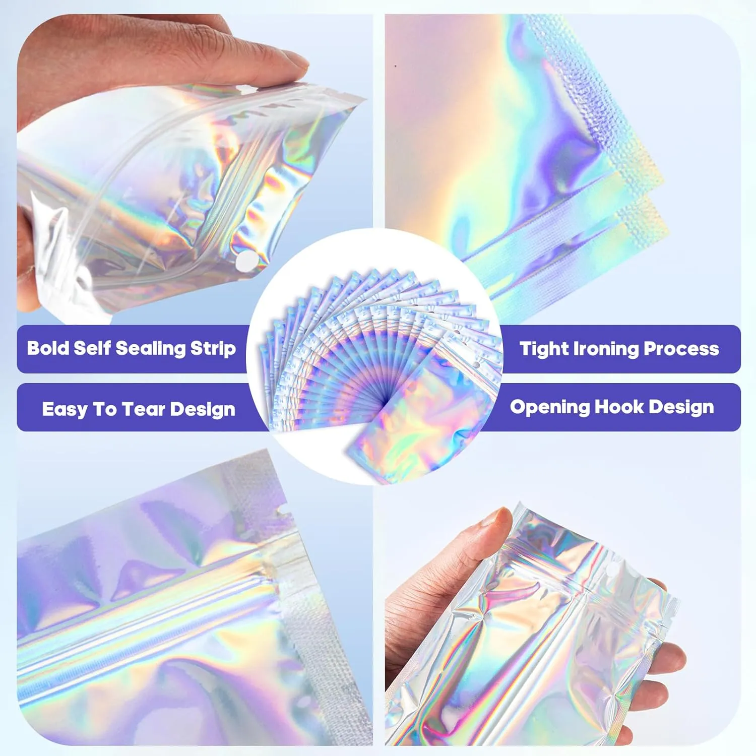 100Pcs Holographic Packaging Bags, 3x4 inch Resealable Foil Pouch Mylar Sample Bag Great for Small Business and Party Favor Food Storage