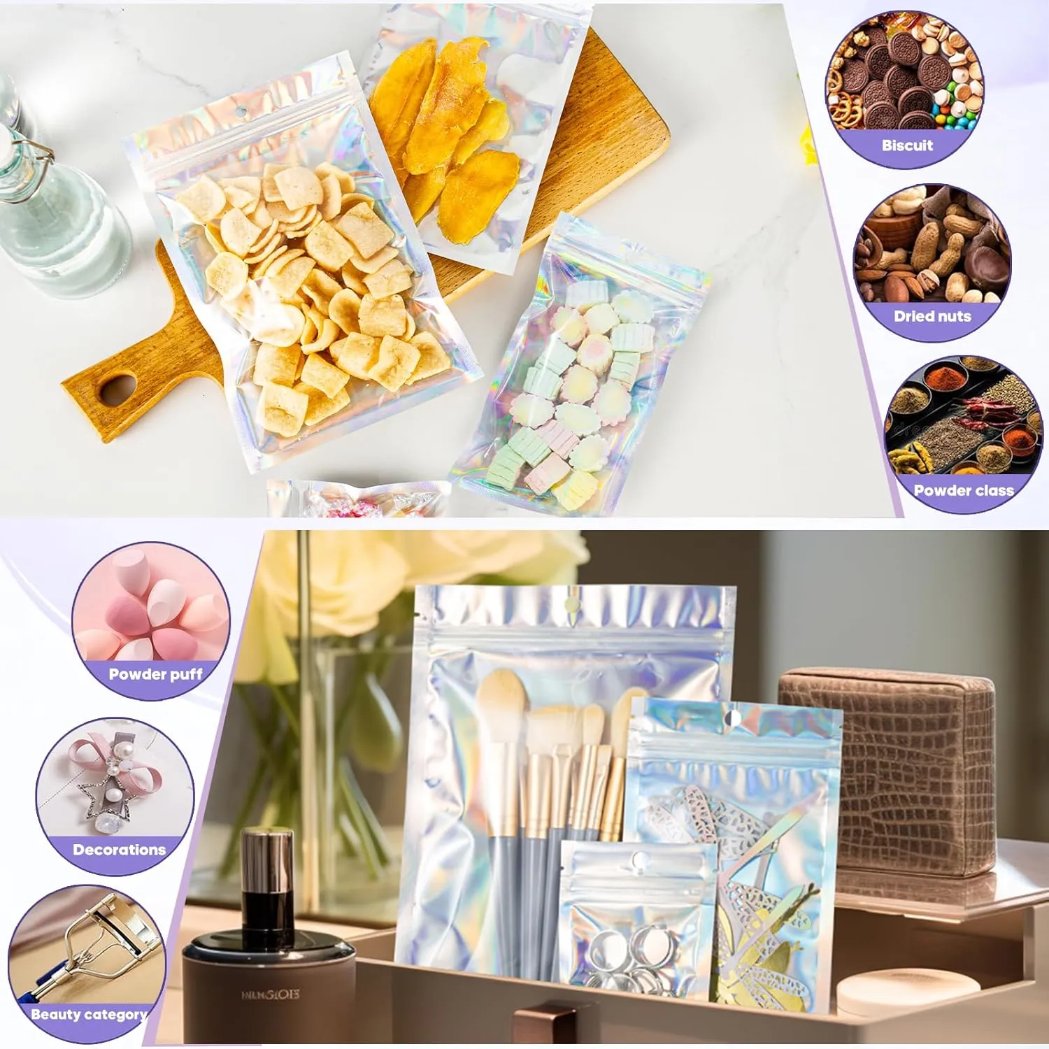 100Pcs Holographic Packaging Bags, 3x4 inch Resealable Foil Pouch Mylar Sample Bag Great for Small Business and Party Favor Food Storage