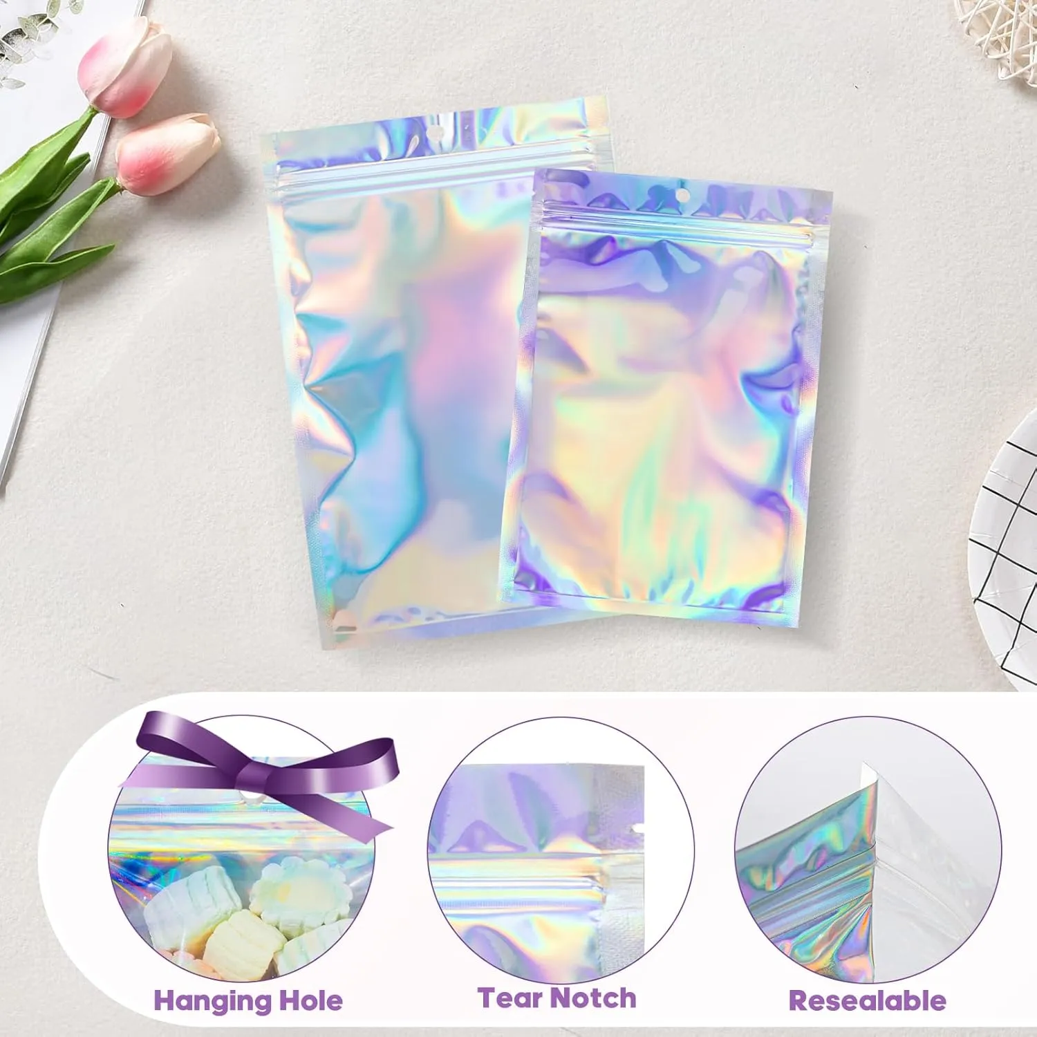 100Pcs Holographic Packaging Bags, 3x4 inch Resealable Foil Pouch Mylar Sample Bag Great for Small Business and Party Favor Food Storage