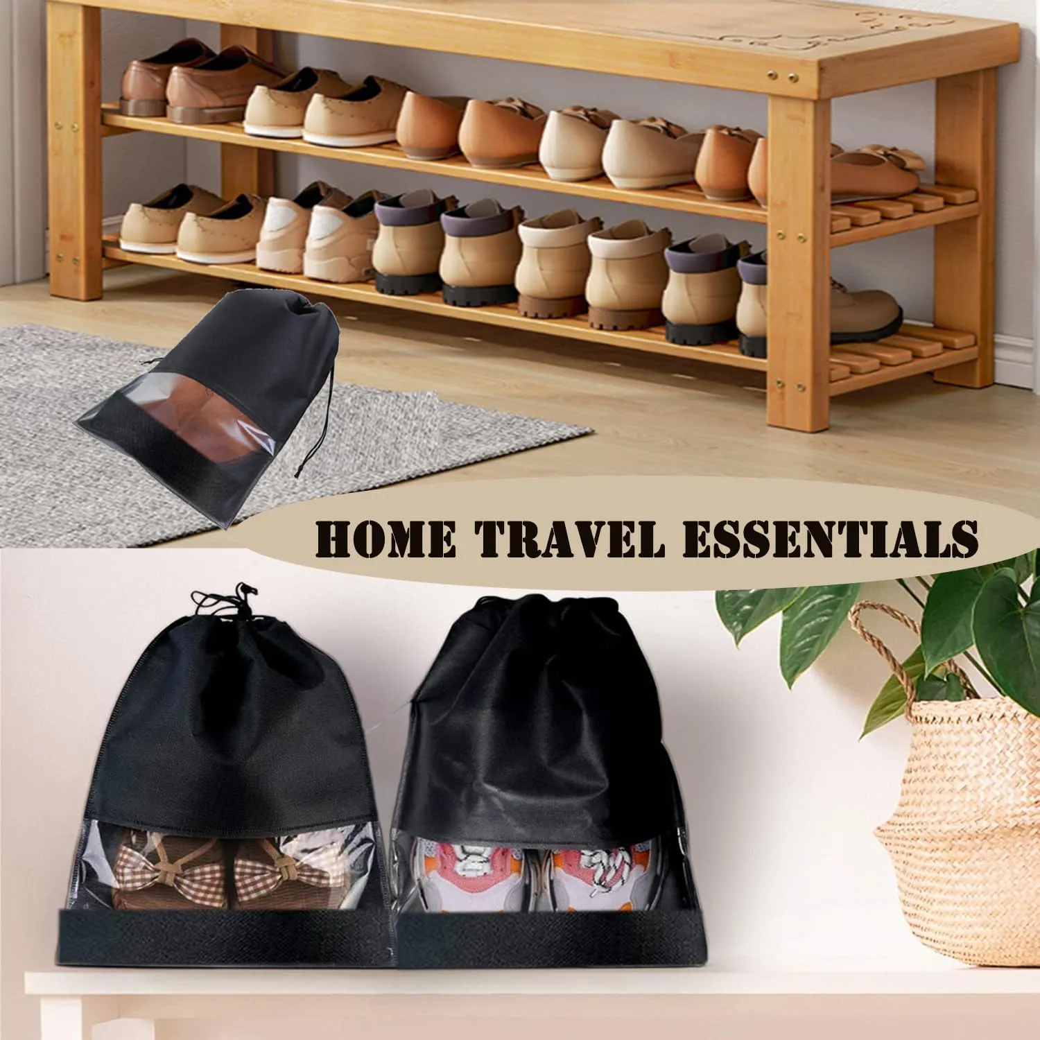 12pcs Non-woven Shoe Bags for Travel 12.6" X 17.3" Portable Shoe Bags with Clear Window, Large Drawstring Dustproof Travel Shoe Storage Bag for Men & Women, Black,XL Size