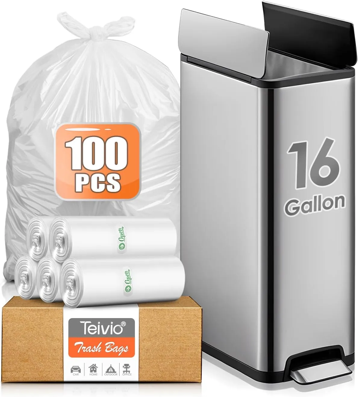 16 Gallon 100 Counts Strong Tall Kitchen Trash Bags,Fit 13,15,16,18Gal,Garbage Bags by Teivio, Unscented,Bin Liners, Plastic Bags for home,for Bathroom,Office,Industrial,Commercial, Janitorial,Clear