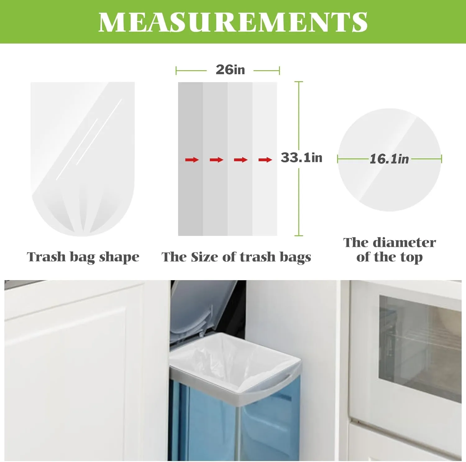 16 Gallon 100 Counts Strong Tall Kitchen Trash Bags,Fit 13,15,16,18Gal,Garbage Bags by Teivio, Unscented,Bin Liners, Plastic Bags for home,for Bathroom,Office,Industrial,Commercial, Janitorial,Clear