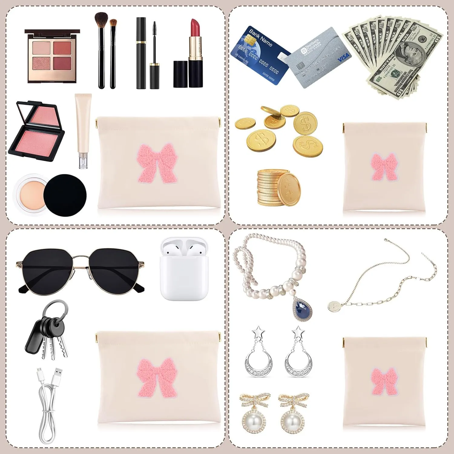 2 PCS Small Makeup Bag for Purse,Personalized Pouch,Coin purse lipstick Cosmetic Accessories Organizer,Travel Set Organizer,Waterproof Zipperless Self-Sealing Ladies Small Cosmetic Bag(Cream BOW)