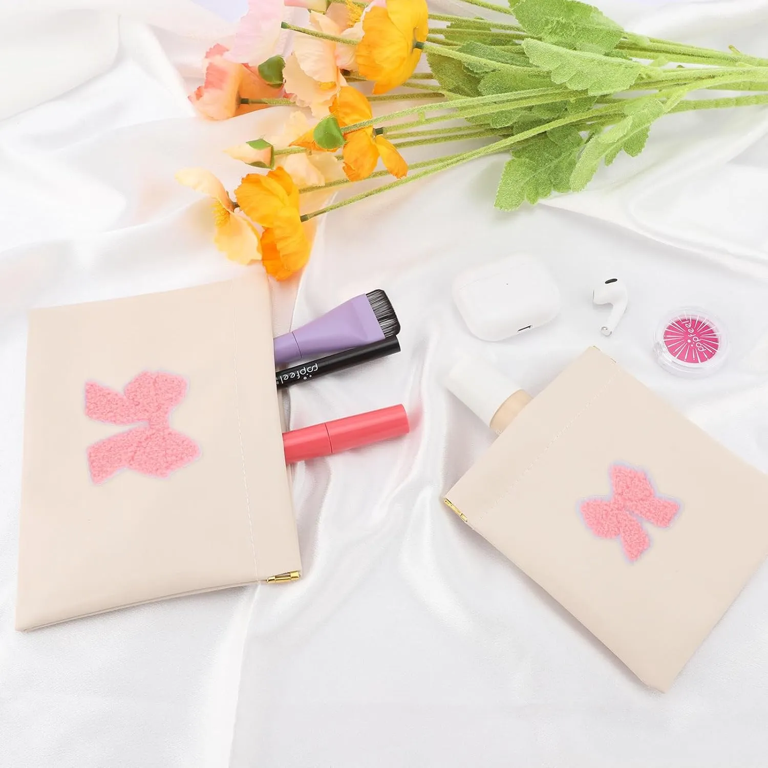 2 PCS Small Makeup Bag for Purse,Personalized Pouch,Coin purse lipstick Cosmetic Accessories Organizer,Travel Set Organizer,Waterproof Zipperless Self-Sealing Ladies Small Cosmetic Bag(Cream BOW)