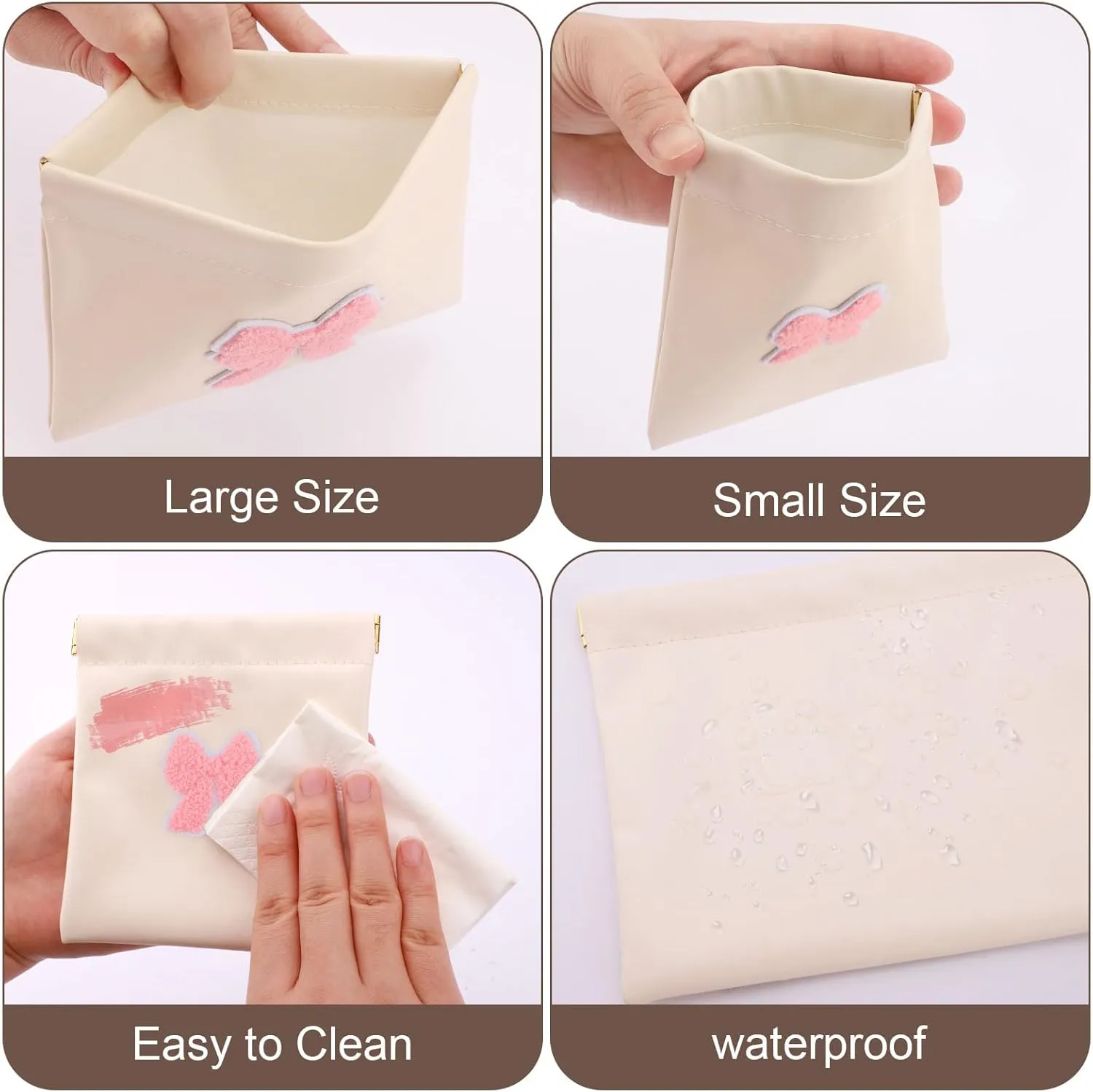 2 PCS Small Makeup Bag for Purse,Personalized Pouch,Coin purse lipstick Cosmetic Accessories Organizer,Travel Set Organizer,Waterproof Zipperless Self-Sealing Ladies Small Cosmetic Bag(Cream BOW)