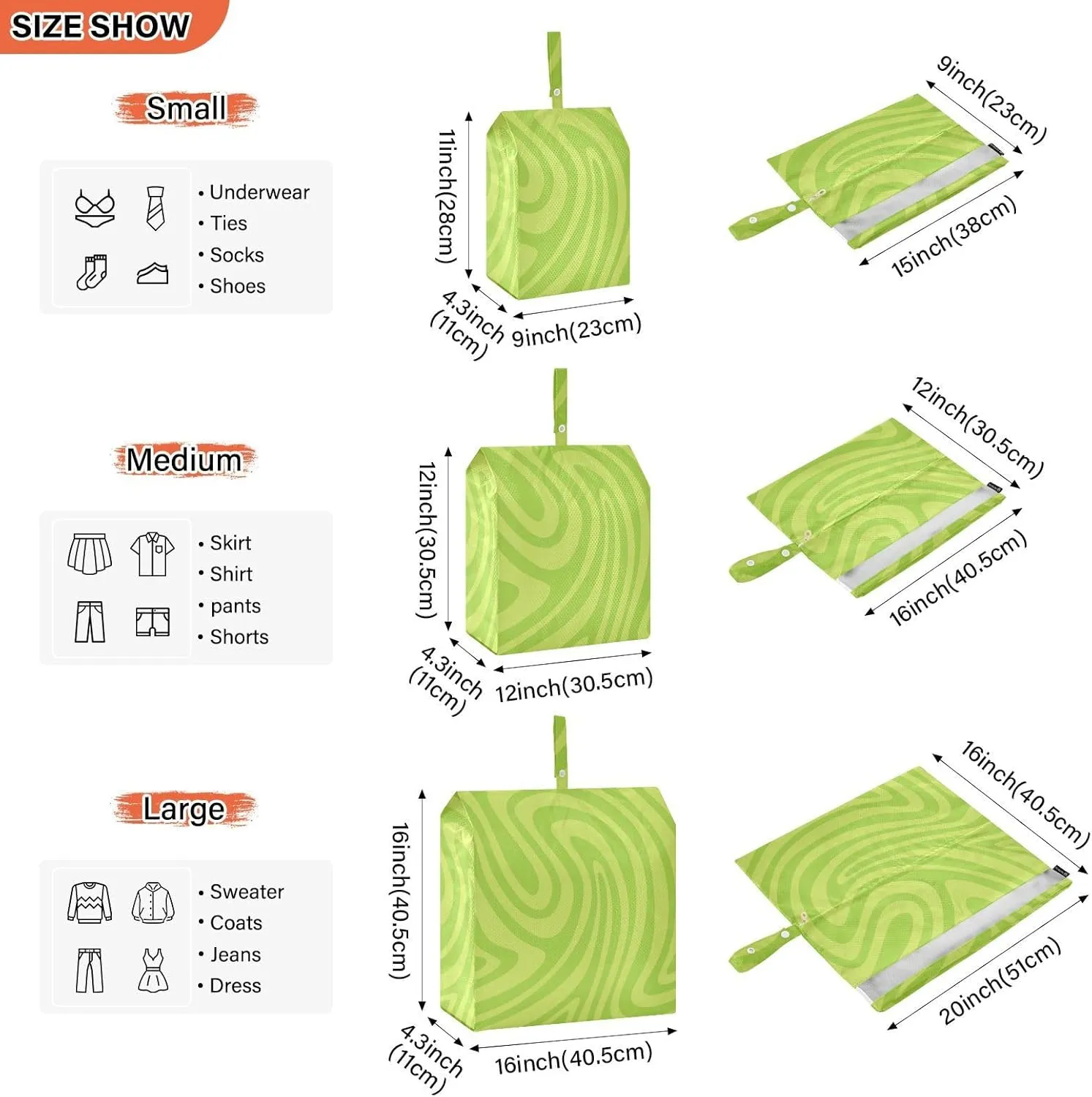 3 Set Travel Packing Cubes For Suitcases, Green Wavy Lines, Stackable, Garment Bag Closet Storage, Luggage Space Saver, Luggages Management Personnel