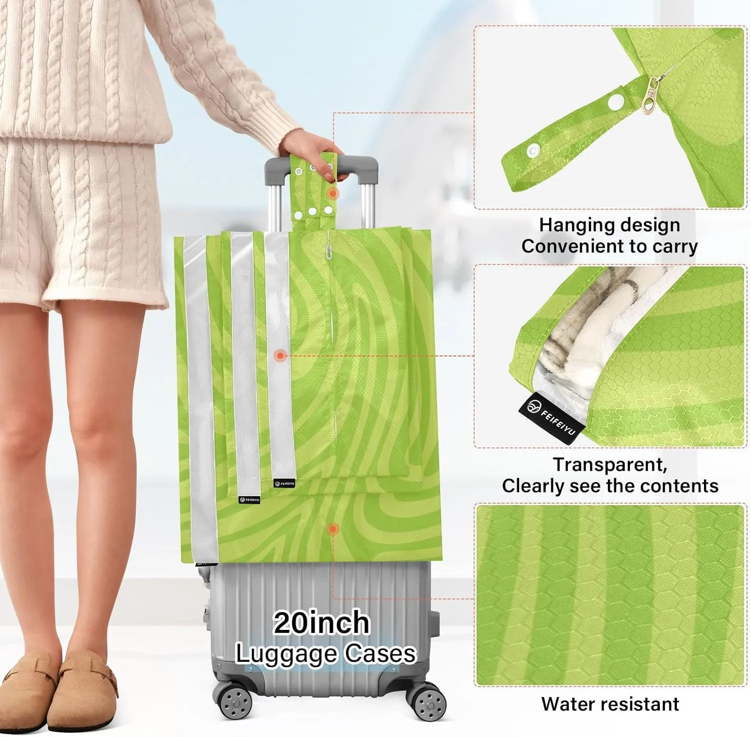 3 Set Travel Packing Cubes For Suitcases, Green Wavy Lines, Stackable, Garment Bag Closet Storage, Luggage Space Saver, Luggages Management Personnel