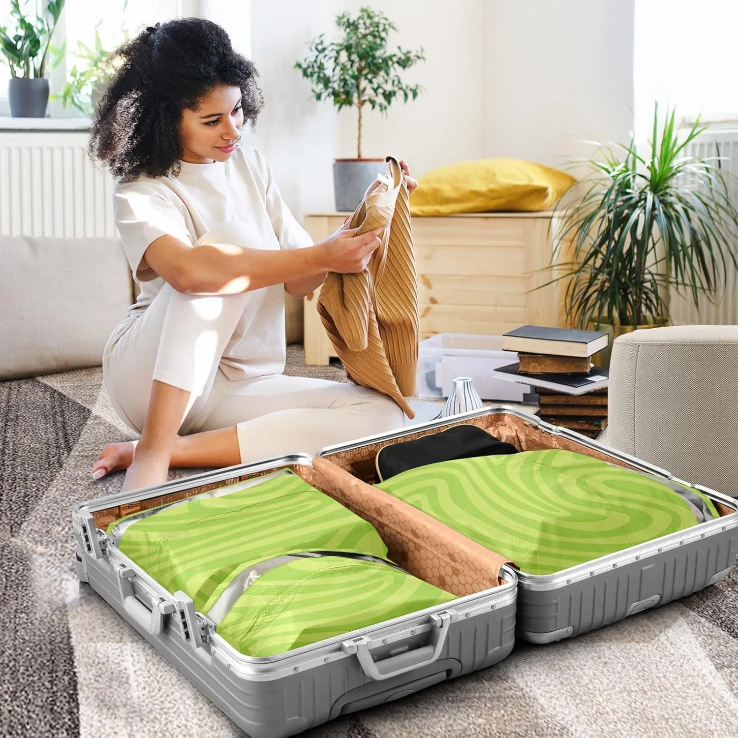 3 Set Travel Packing Cubes For Suitcases, Green Wavy Lines, Stackable, Garment Bag Closet Storage, Luggage Space Saver, Luggages Management Personnel