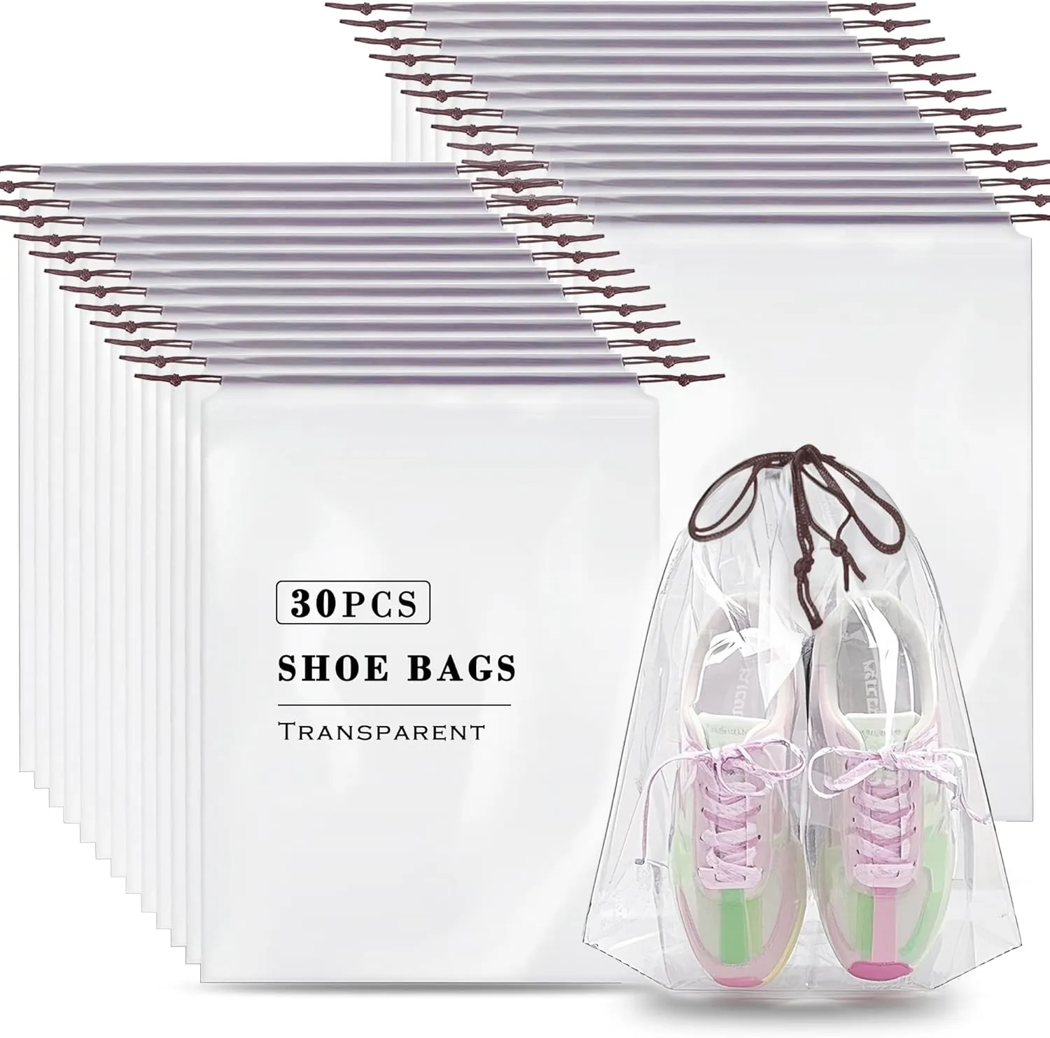 30 Pack Clear Shoe Bags for Travel, Transparent Waterproof Drawstring Dust Bags (11.8 x 15.7) for Packing, Shoe Organization & Storage  Ideal for Men & Women