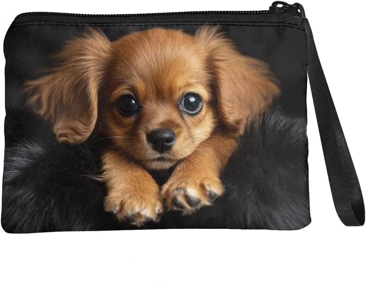 3D Dog Zippered Pouches for Purse Organization Foldable Cute Womens Pouches for Purse with Strap Fashion Sanitary Napkin Storage Bag for Teen Girls