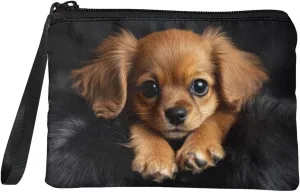 3D Dog Zippered Pouches for Purse Organization Foldable Cute Womens Pouches for Purse with Strap Fashion Sanitary Napkin Storage Bag for Teen Girls