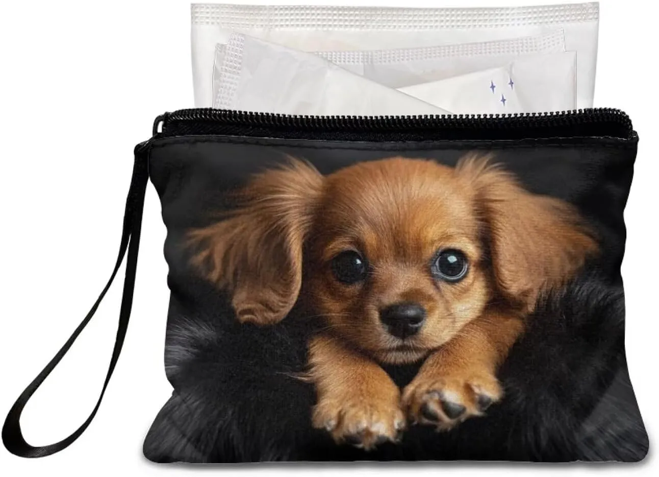3D Dog Zippered Pouches for Purse Organization Foldable Cute Womens Pouches for Purse with Strap Fashion Sanitary Napkin Storage Bag for Teen Girls