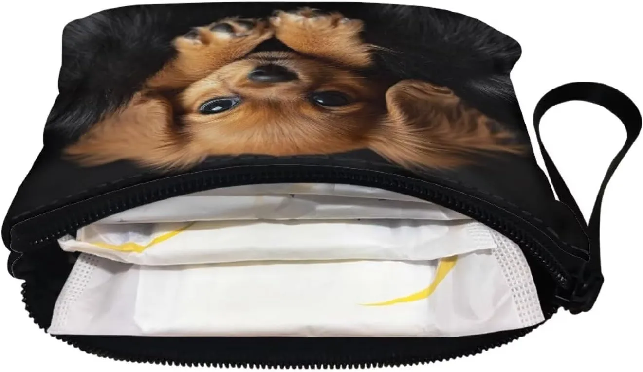 3D Dog Zippered Pouches for Purse Organization Foldable Cute Womens Pouches for Purse with Strap Fashion Sanitary Napkin Storage Bag for Teen Girls