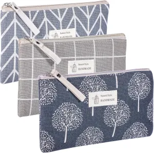 3Pcs Canvas Cosmetic Bags, Small Makeup Bag Multi-Function Printed Zipper Purse Cute Makeup Pouches Mini Travel Toiletry Bag for Women Vacation