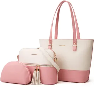 3Pcs Set Handbags and Purses for Women Patchwork Color Shoulder Bags Tassels Totes Top-Handle Satchel Hobo Bags