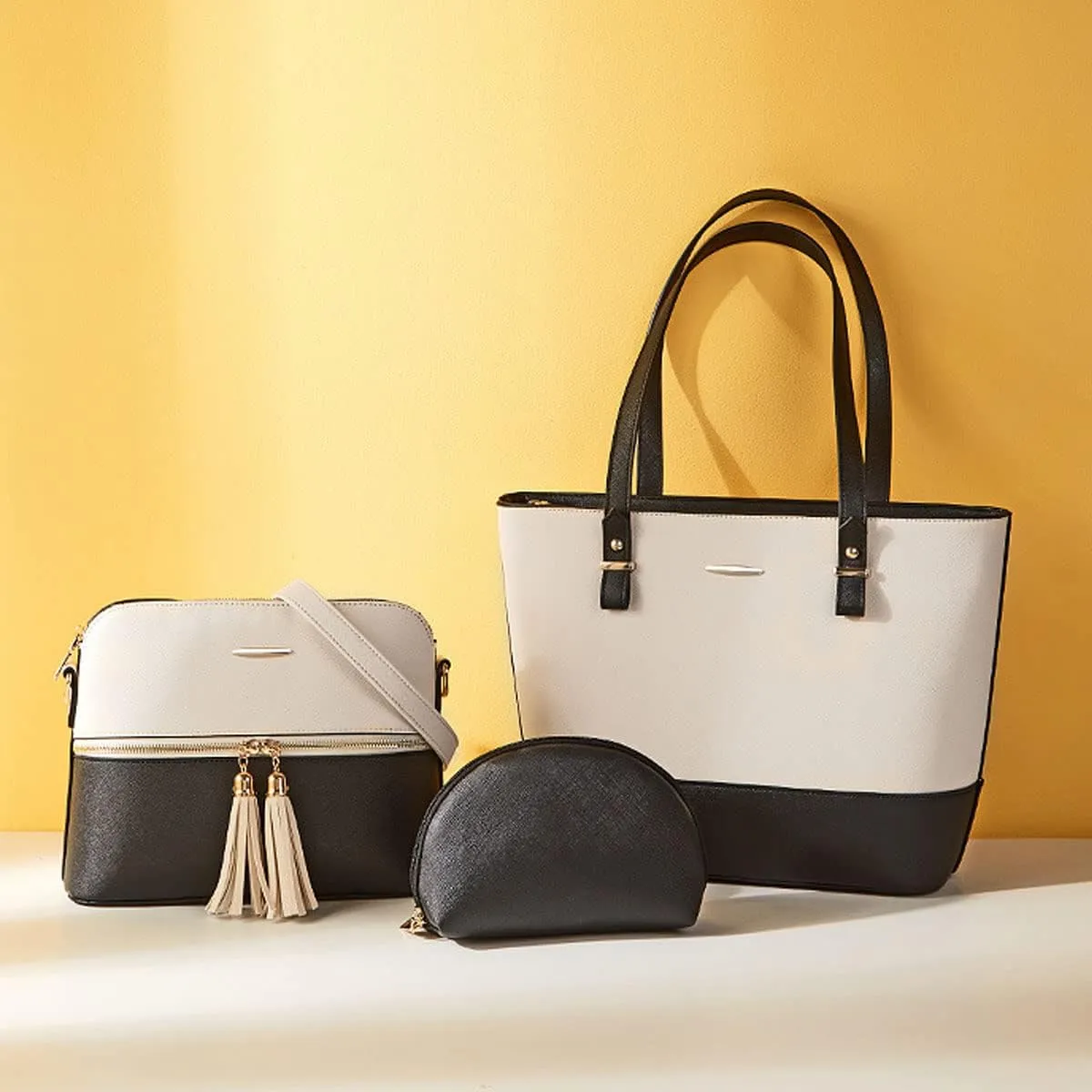 3Pcs Set Handbags and Purses for Women Patchwork Color Shoulder Bags Tassels Totes Top-Handle Satchel Hobo Bags