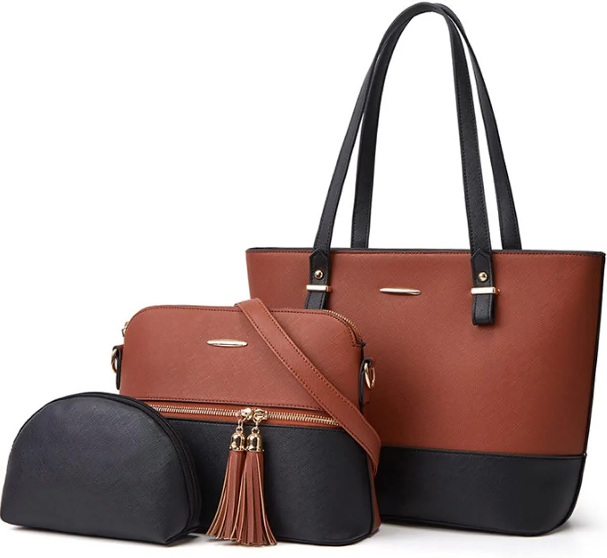 3Pcs Set Handbags and Purses for Women Patchwork Color Shoulder Bags Tassels Totes Top-Handle Satchel Hobo Bags