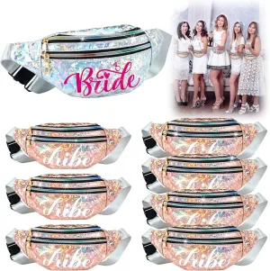 8 Pieces Bachelorette Party Gifts for Bride Holographic Bride Fanny Packs Waterproof Adjustable Bridesmaid Tribe Waist Bag Silver Rose Gold Squad Packs Rave Bags for Wedding Party Bridal Shower