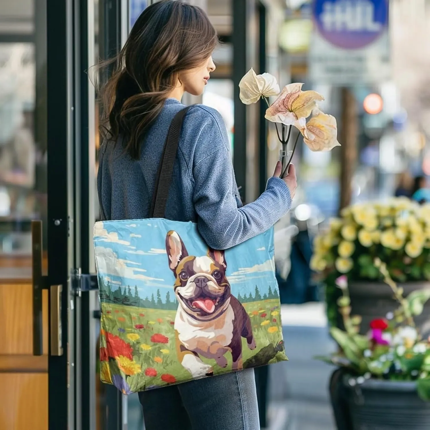 American Flag 14'' Tote Paper Bag for Women Shoulder Tote Bags, Cute Cat Animal Commute Bag, Lemon Fruit Handbag