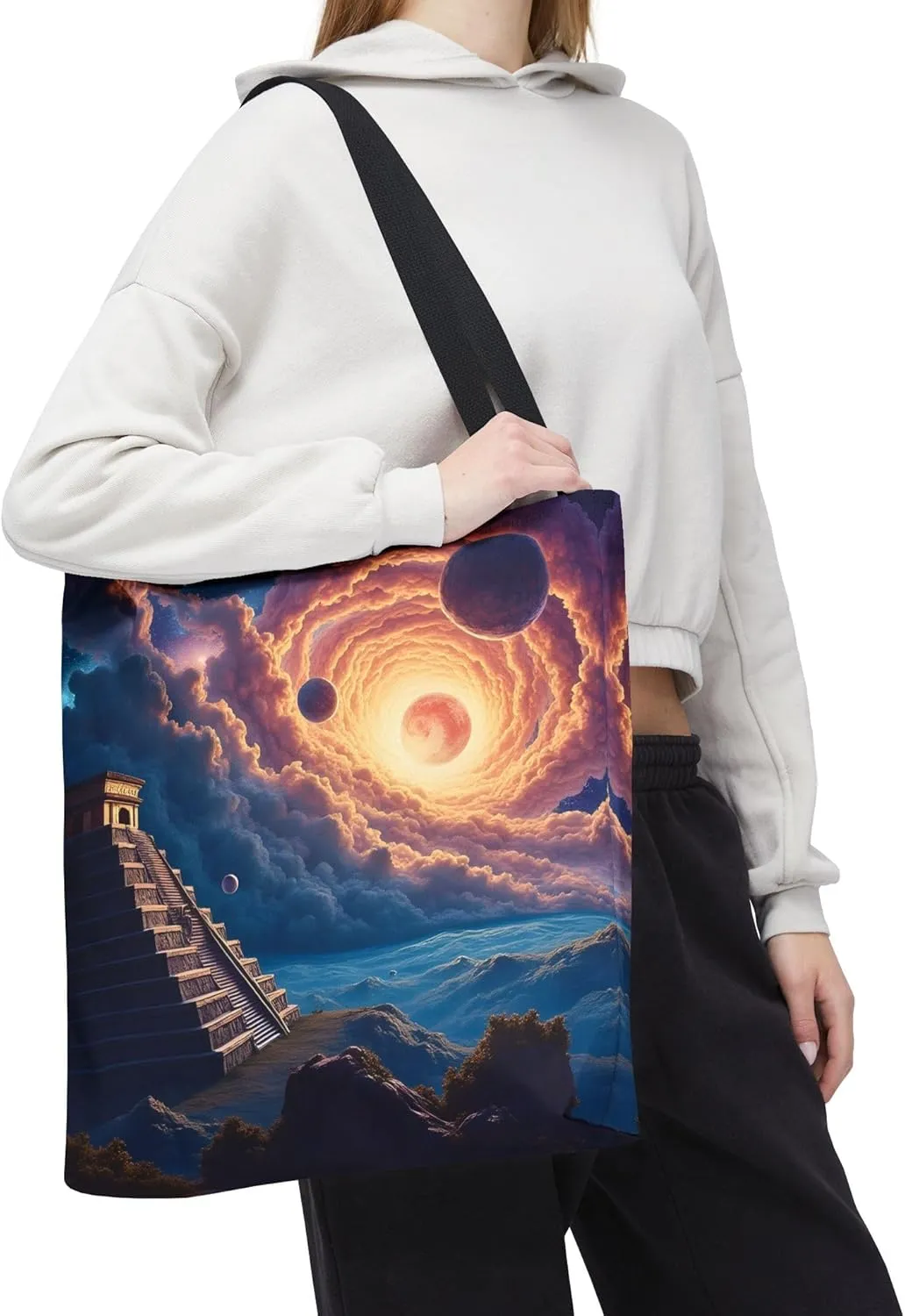 Ancient Pyramid Tote Bag- Colorful Aztec Beach Bag, Chichen Itza Reusable Shopping Bags, Large Fun Kids Travel Totes