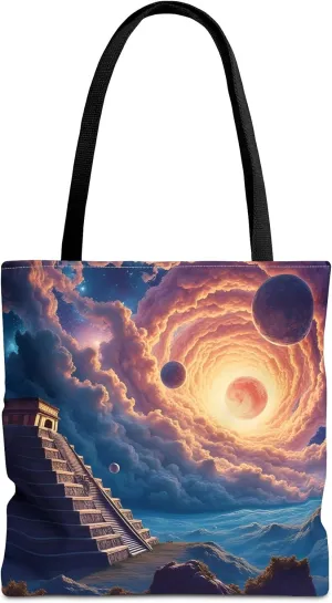 Ancient Pyramid Tote Bag- Colorful Aztec Beach Bag, Chichen Itza Reusable Shopping Bags, Large Fun Kids Travel Totes