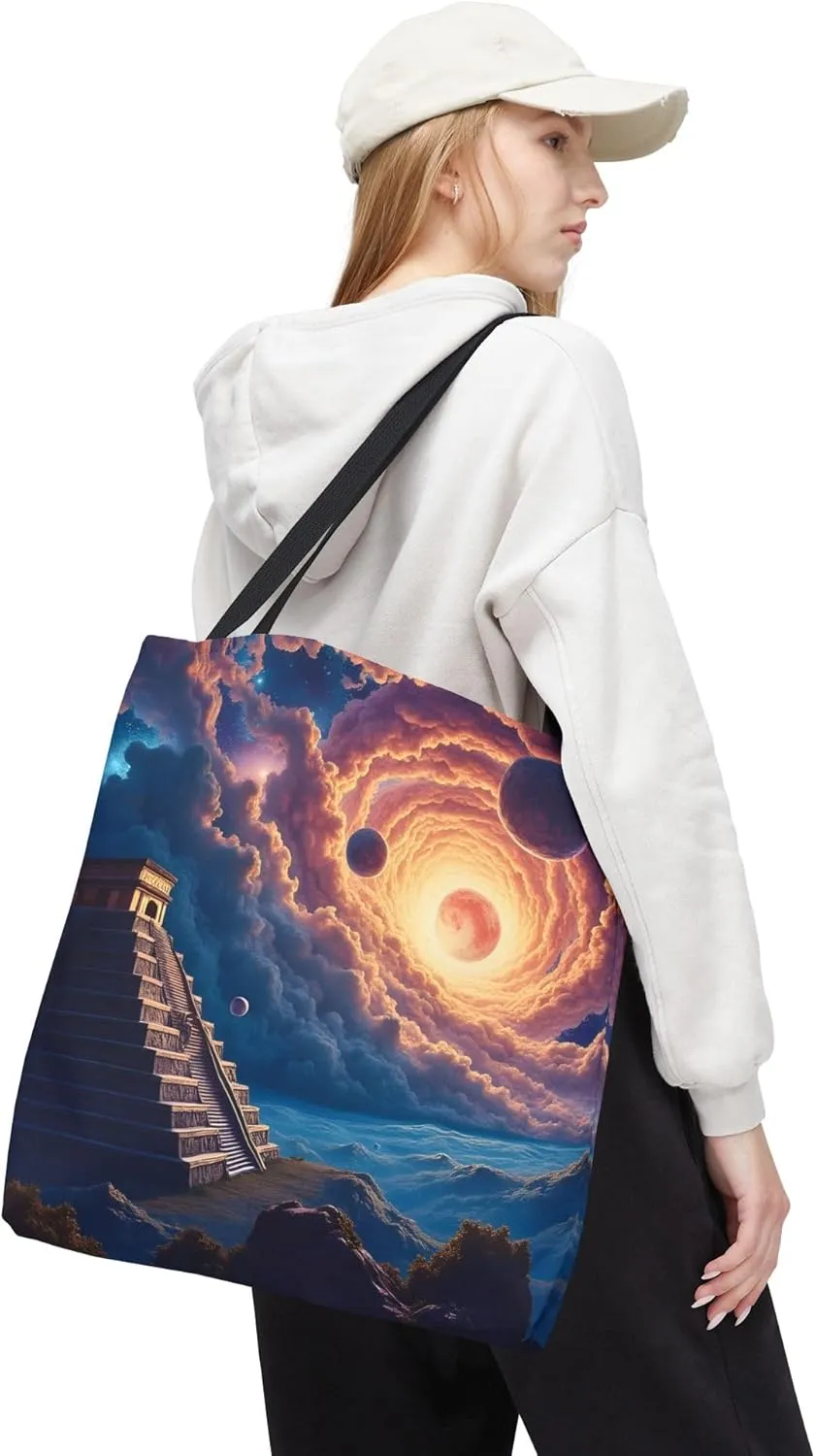 Ancient Pyramid Tote Bag- Colorful Aztec Beach Bag, Chichen Itza Reusable Shopping Bags, Large Fun Kids Travel Totes