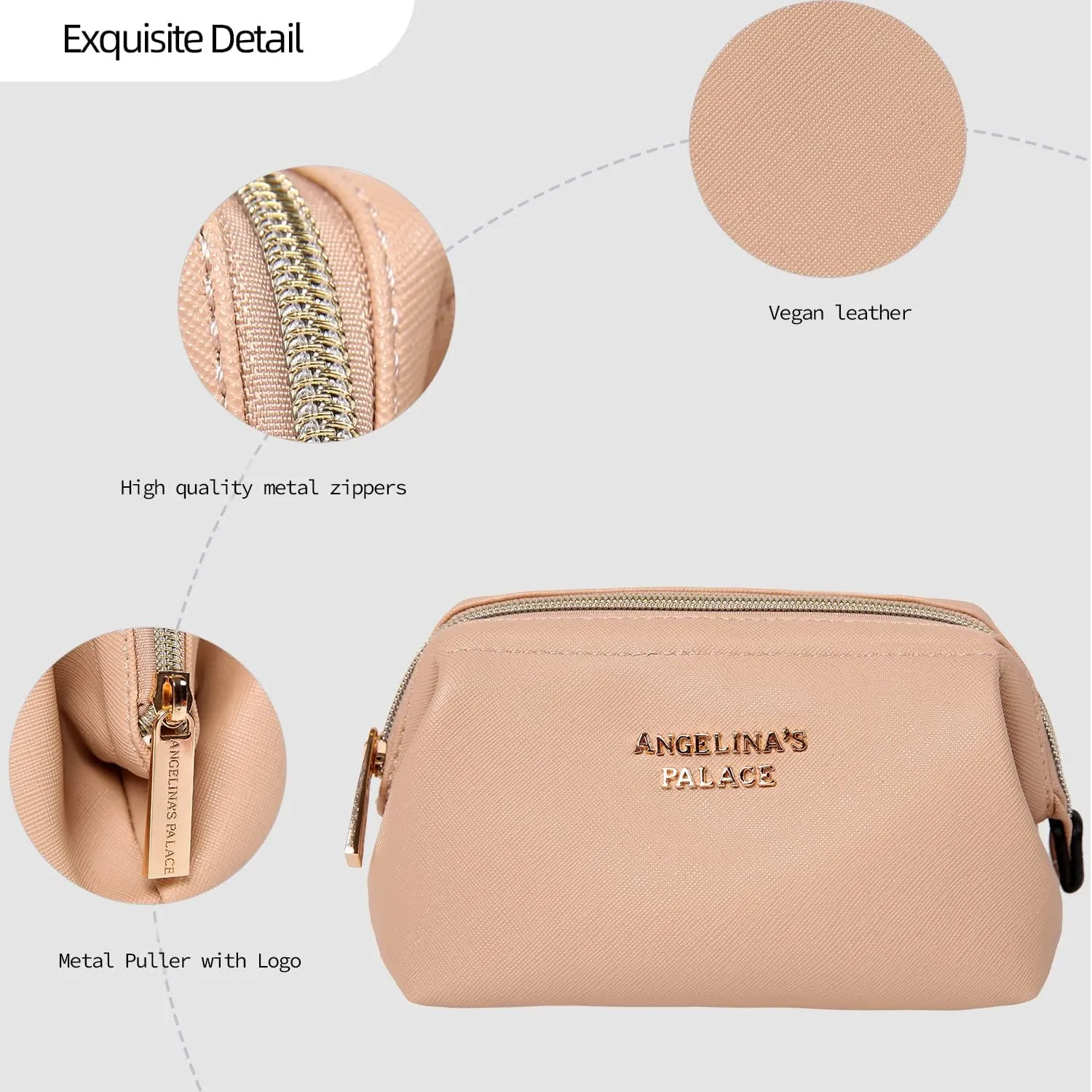 Angelina's Palace Vegan Leather Waterproof Travel Cosmetic Bag Toiletry Organizer Makeup Pouches(light fawn)