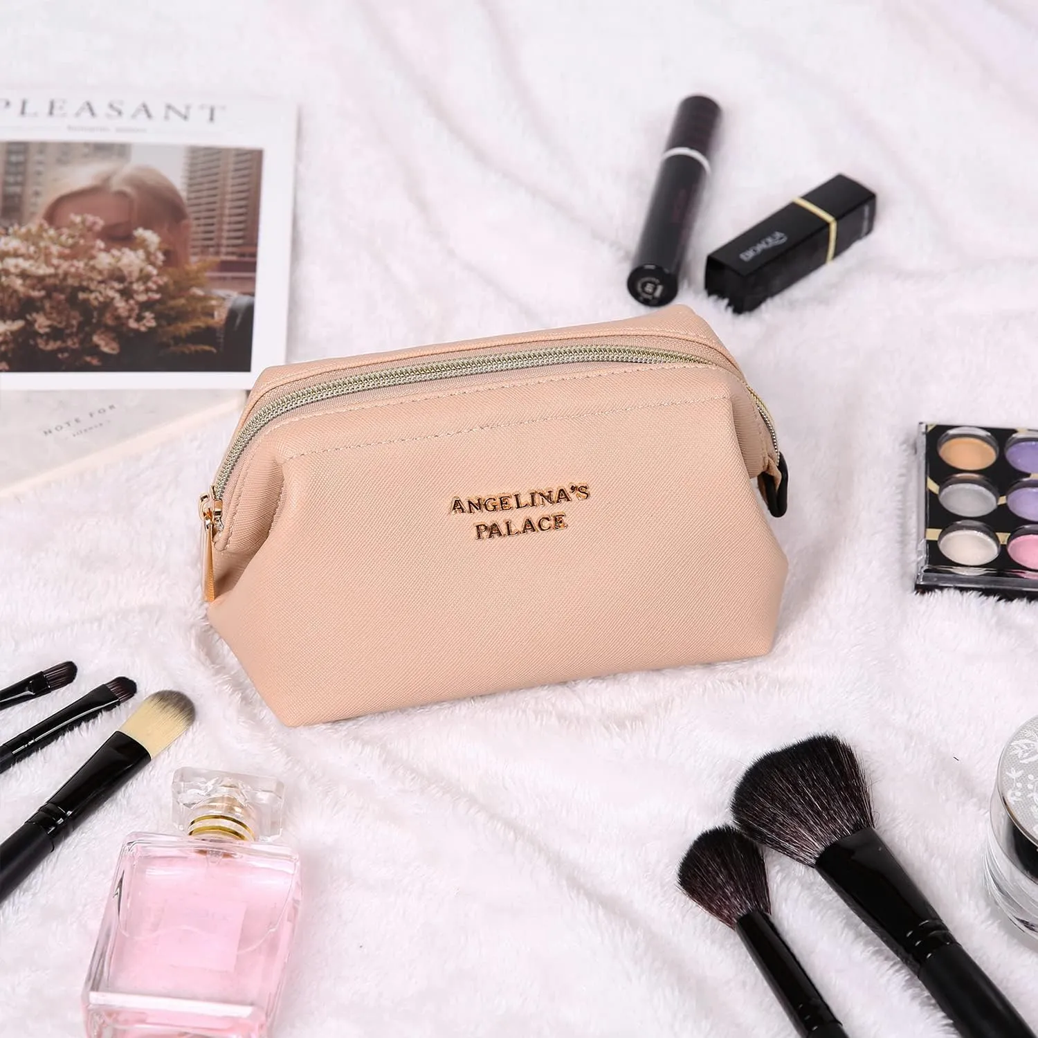 Angelina's Palace Vegan Leather Waterproof Travel Cosmetic Bag Toiletry Organizer Makeup Pouches(light fawn)