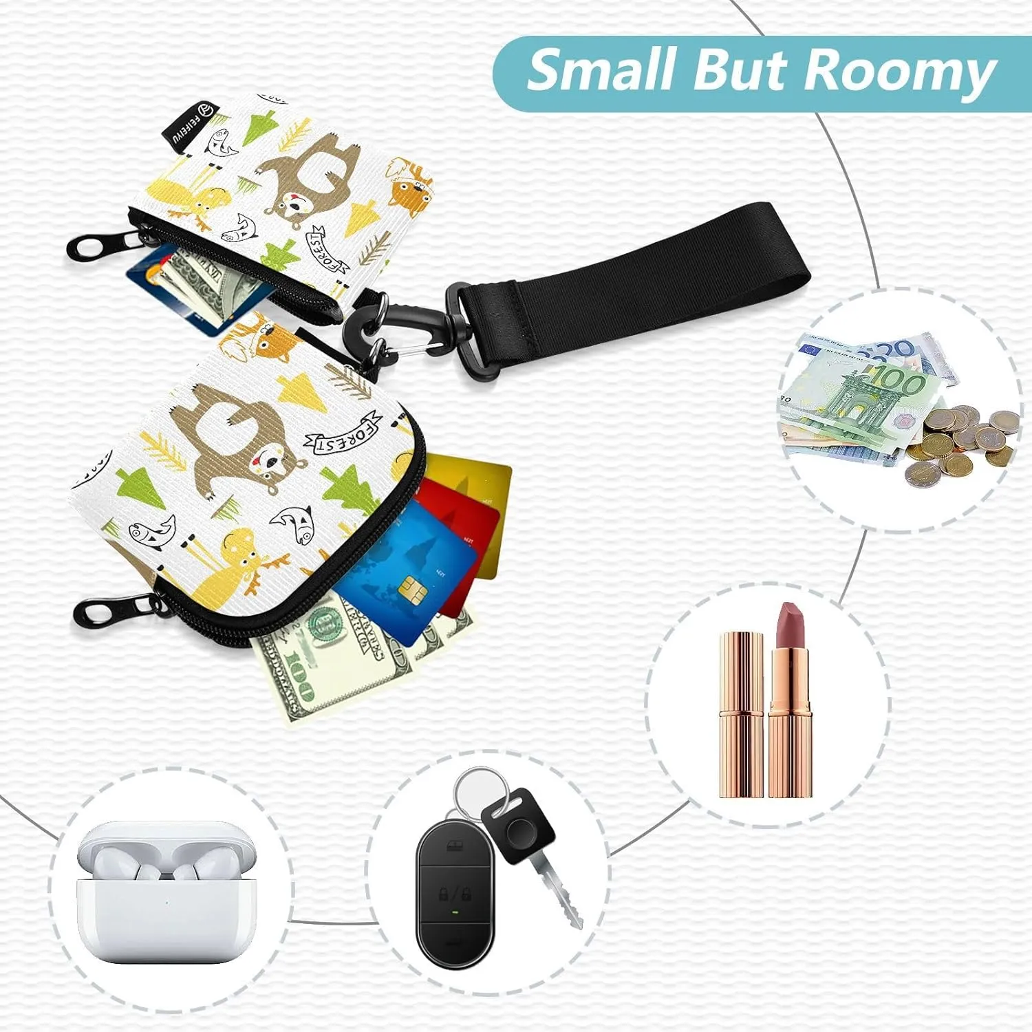 Around Wristlet Keychain Small Wallet Mini Coin Purse Dual Pouch Portable Detachable with Pocket for Women Men,pattern 10