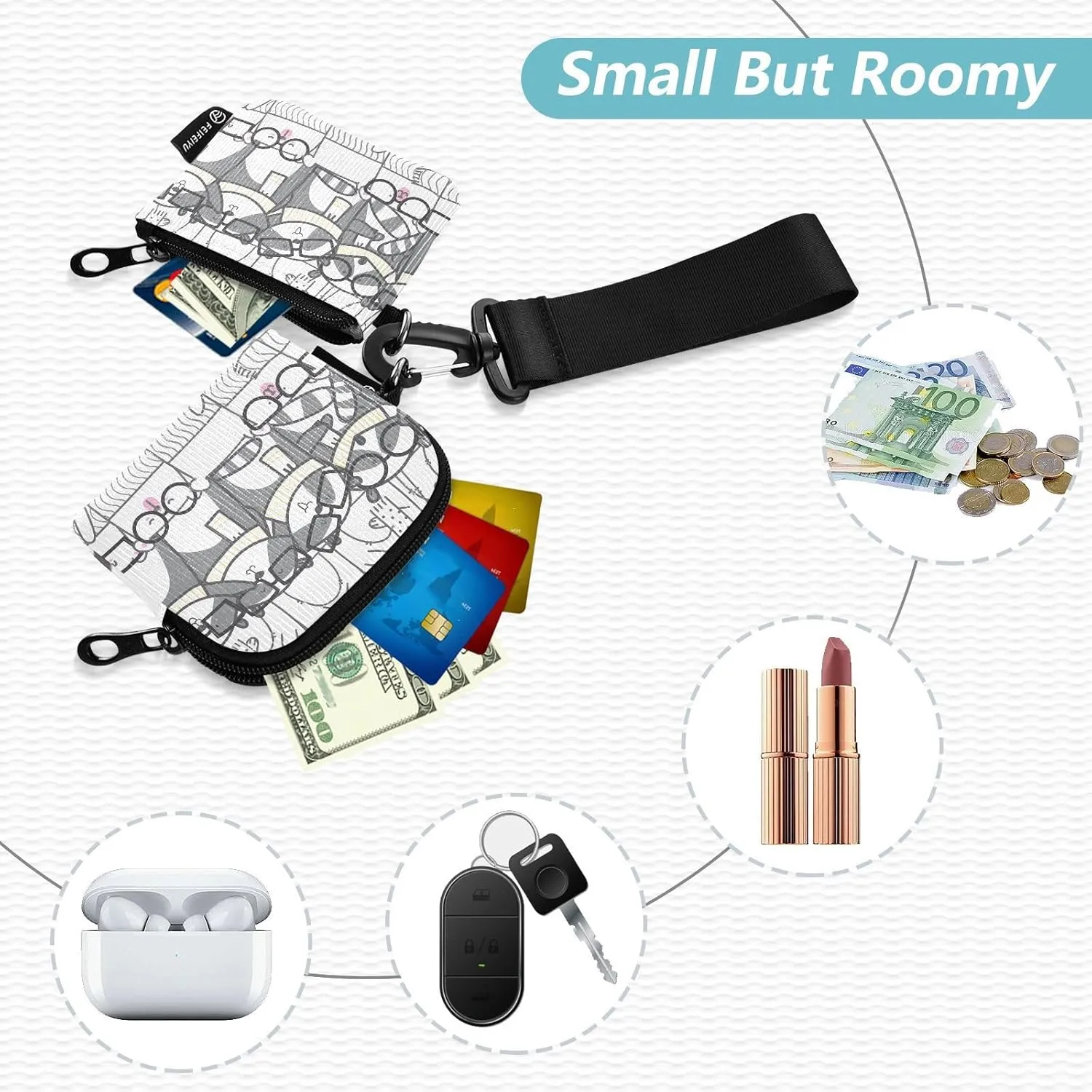 Around Wristlet Keychain Small Wallet Mini Coin Purse Dual Pouch Portable Detachable with Pocket for Women Men,pattern 1