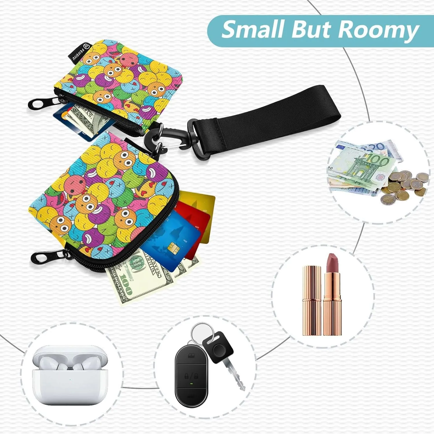 Around Wristlet Keychain Small Wallet Mini Coin Purse Dual Pouch Portable Detachable with Pocket for Women Men,pattern 3