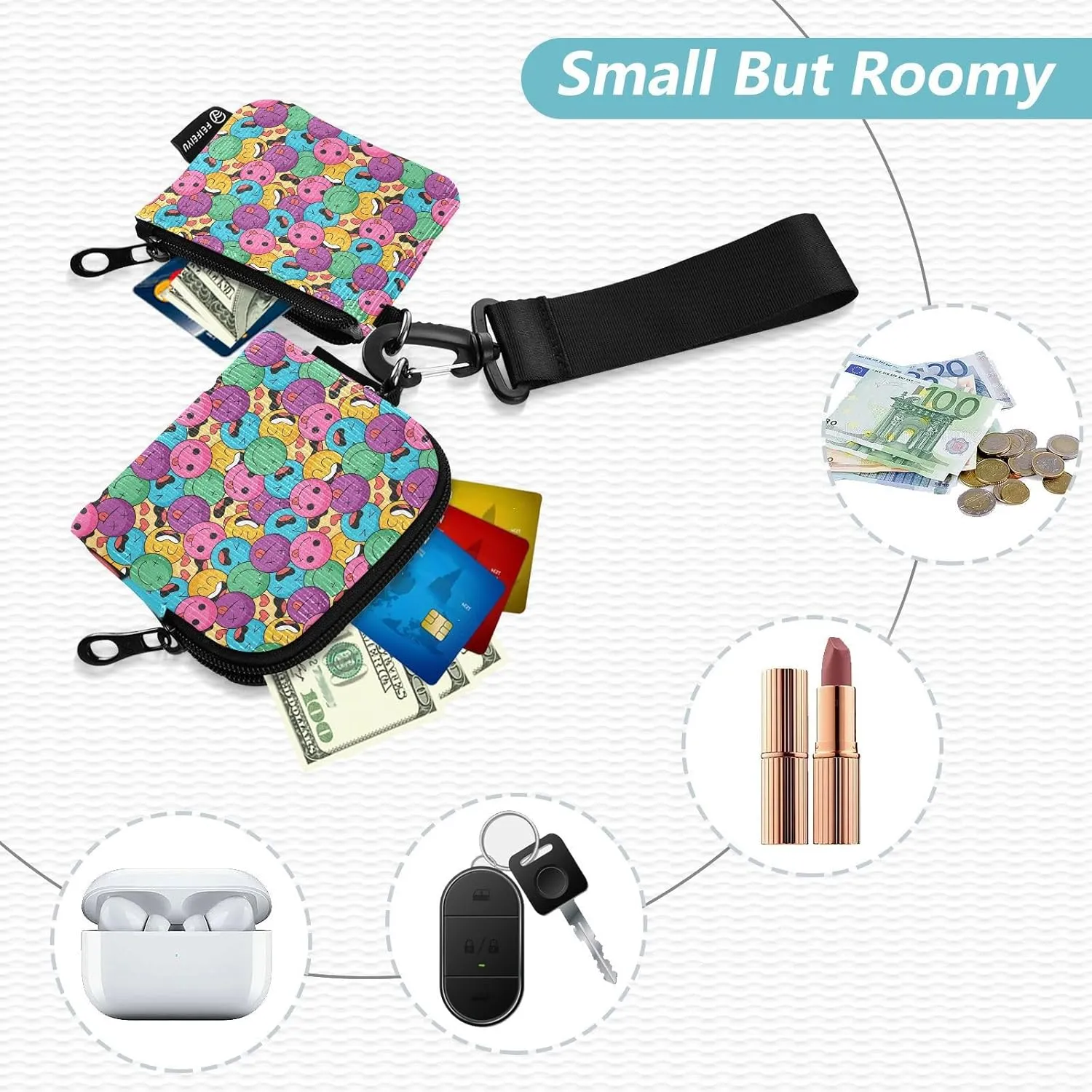 Around Wristlet Keychain Small Wallet Mini Coin Purse Dual Pouch Portable Detachable with Pocket for Women Men,pattern 4