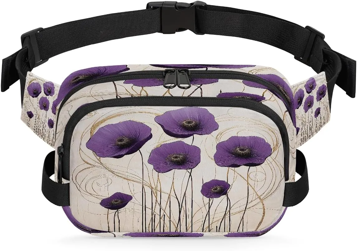 Art Purple Flowers Fanny Packs for Women Men Waterproof Crossbody Belt Bag Casual Chest Bag Fashion Waist Bags with Adjustable Strap for Travel Running Hiking Fishing