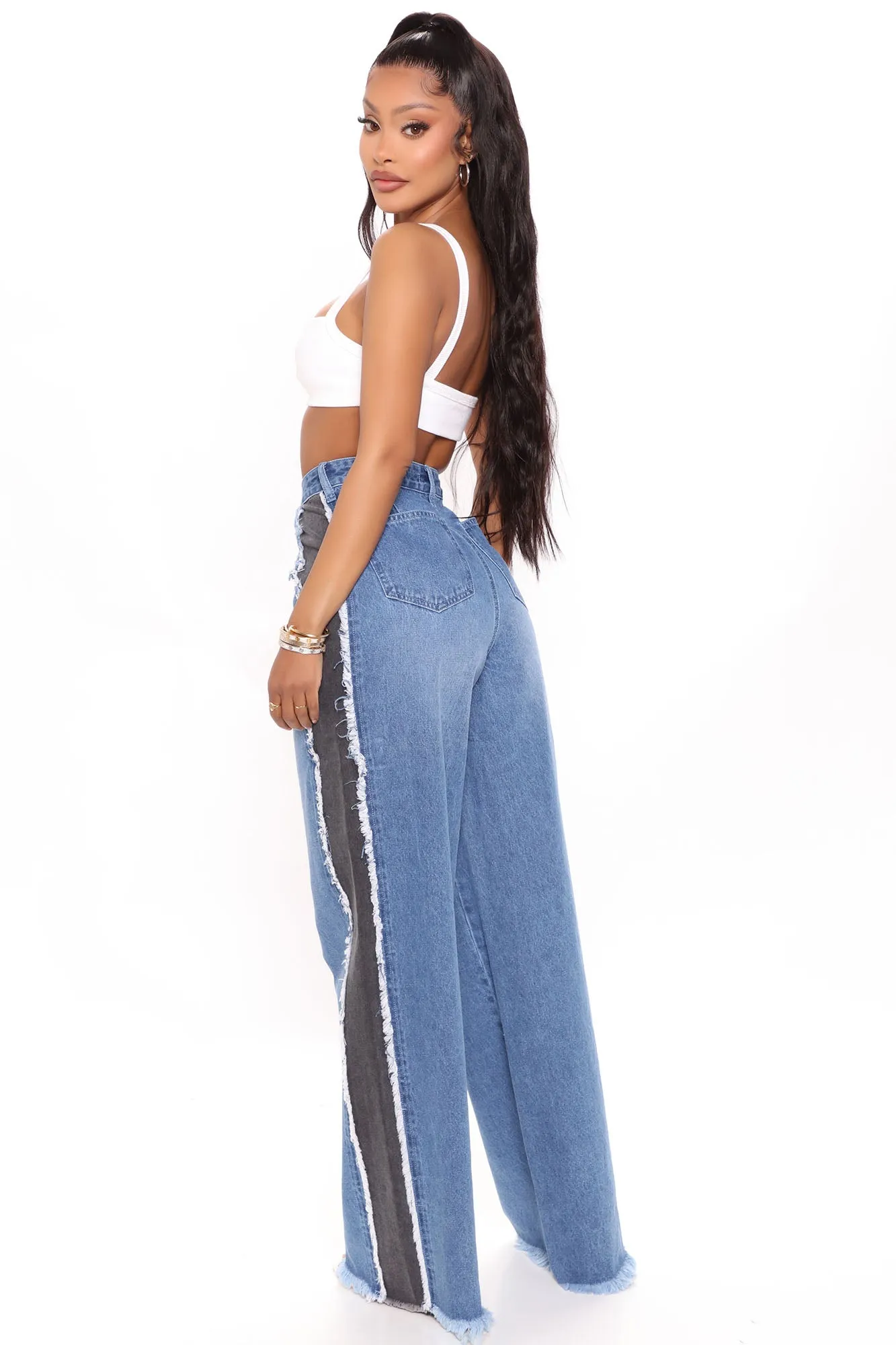 Back On Top Contrast Wide Leg Jeans - Medium Blue Wash