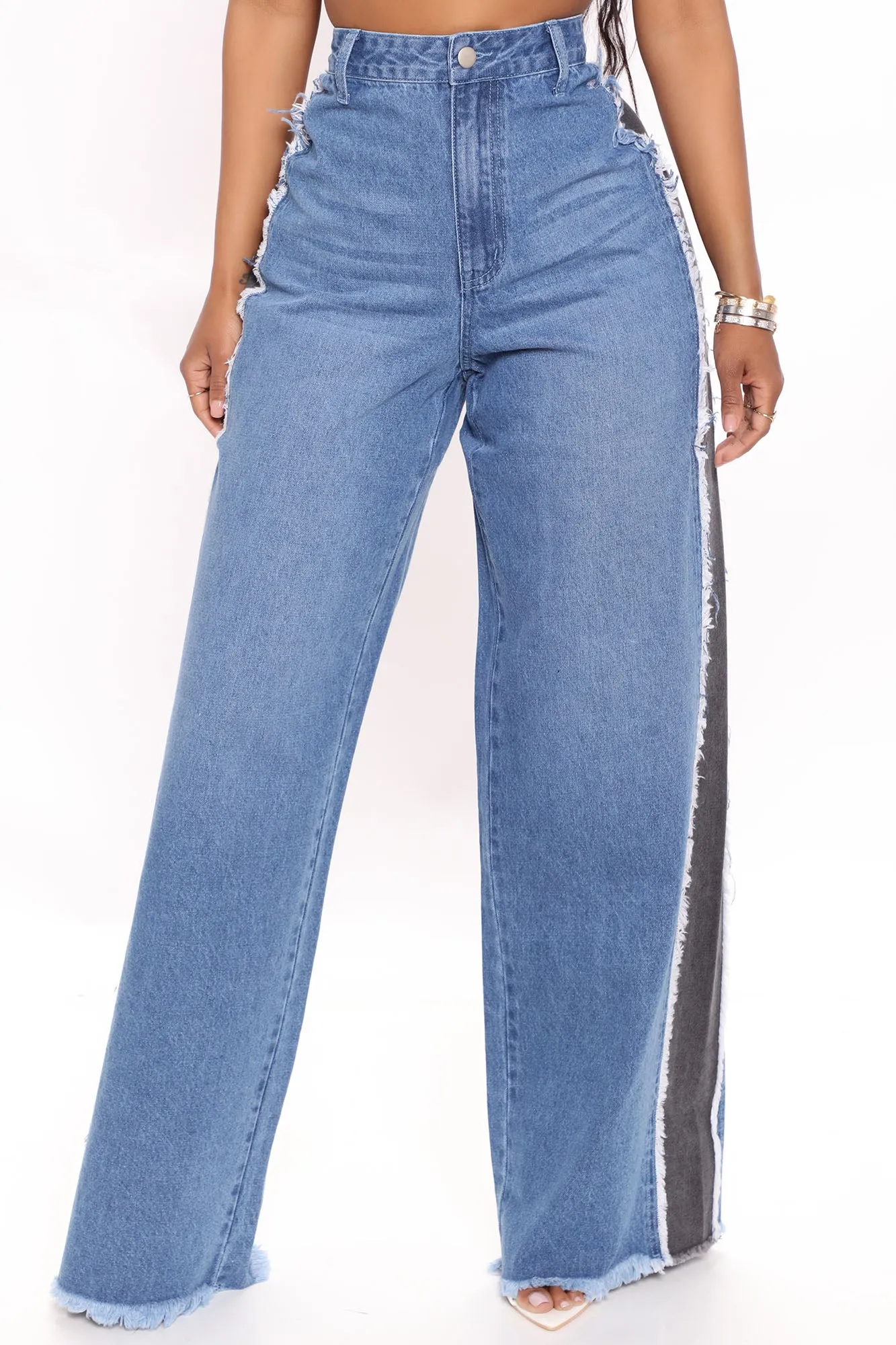 Back On Top Contrast Wide Leg Jeans - Medium Blue Wash