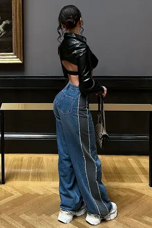 Back On Top Contrast Wide Leg Jeans - Medium Blue Wash