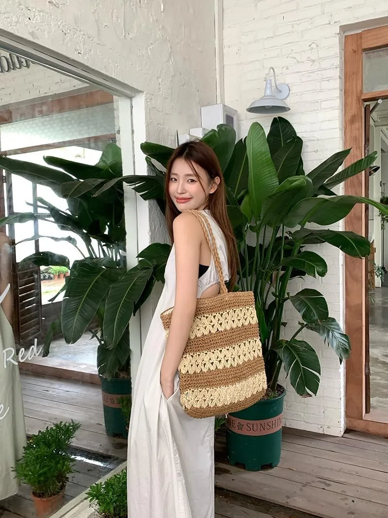 Beach Bag, Large Beach Bag for Women, Woven Straw Beach Tote Bag Waterproof, Weaving Swim Shopping Travel Bag
