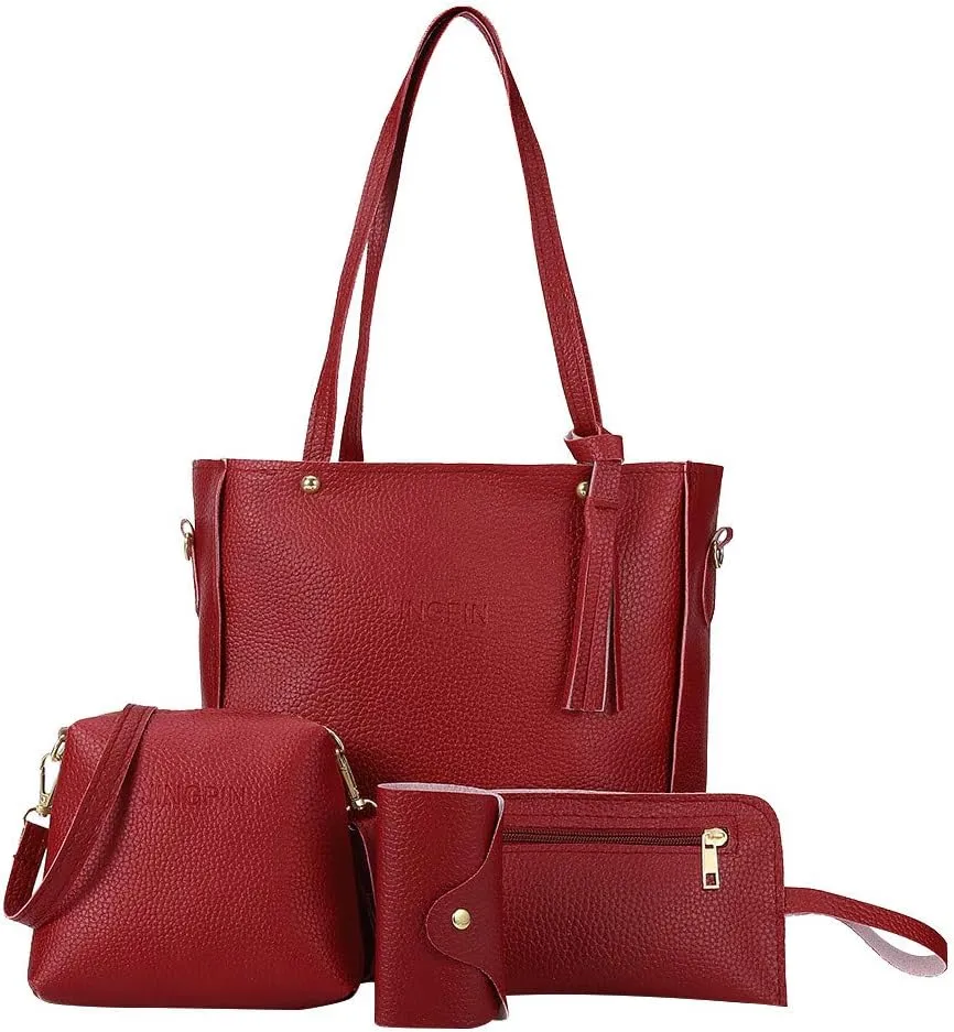 Beach Tote Bag 4 Packet Leather Solid Color Handbags Shoulder Bags Crossbody Hobo Bags Card Purse Work Travel Essential J