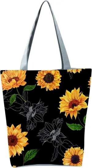 Beach Tote Bag Sunflower Printed Canvas Women's Casual Large Zippered Shoulder Bag For Outdoor Beach Travel Essential i