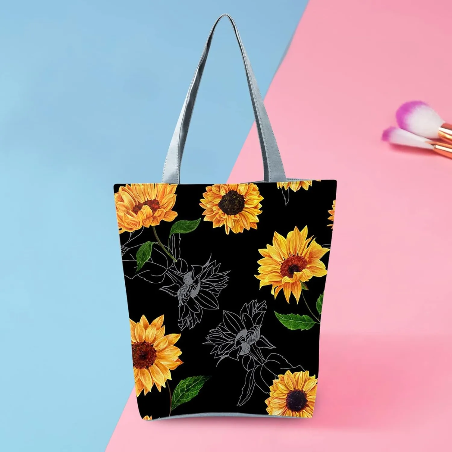 Beach Tote Bag Sunflower Printed Canvas Women's Casual Large Zippered Shoulder Bag For Outdoor Beach Travel Essential i