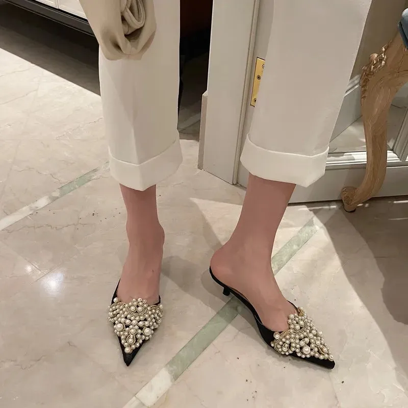 Beaded Pearl Crystal Lace Heels