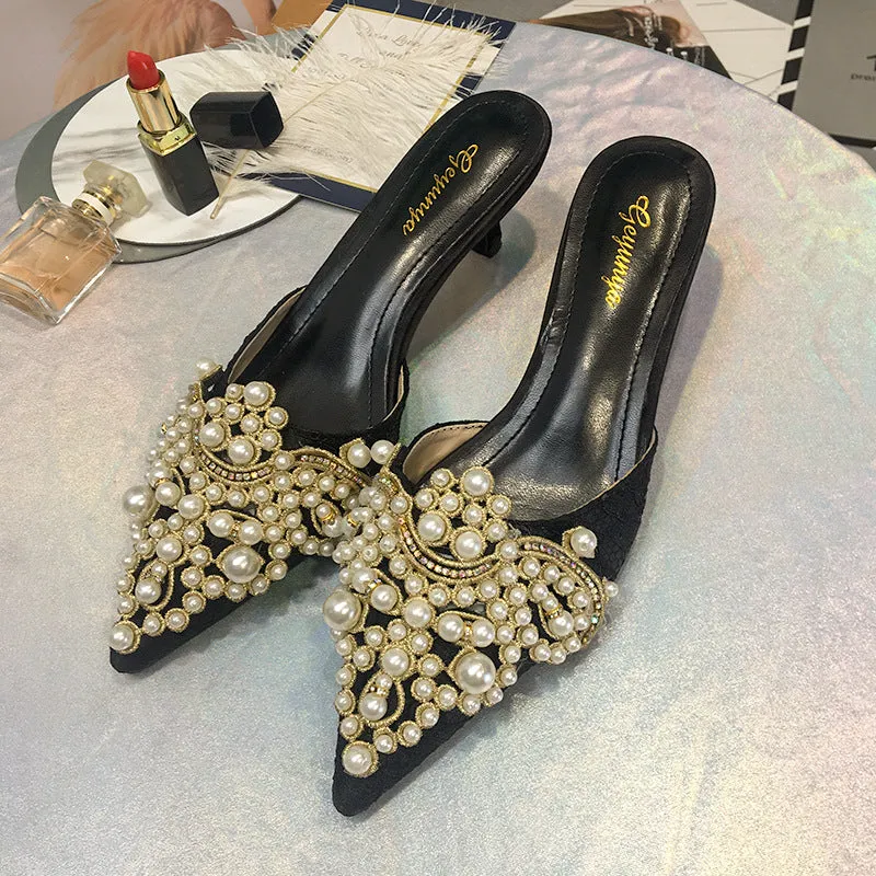 Beaded Pearl Crystal Lace Heels