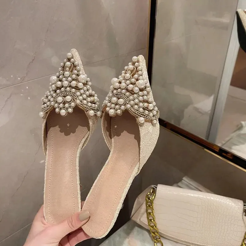 Beaded Pearl Crystal Lace Heels
