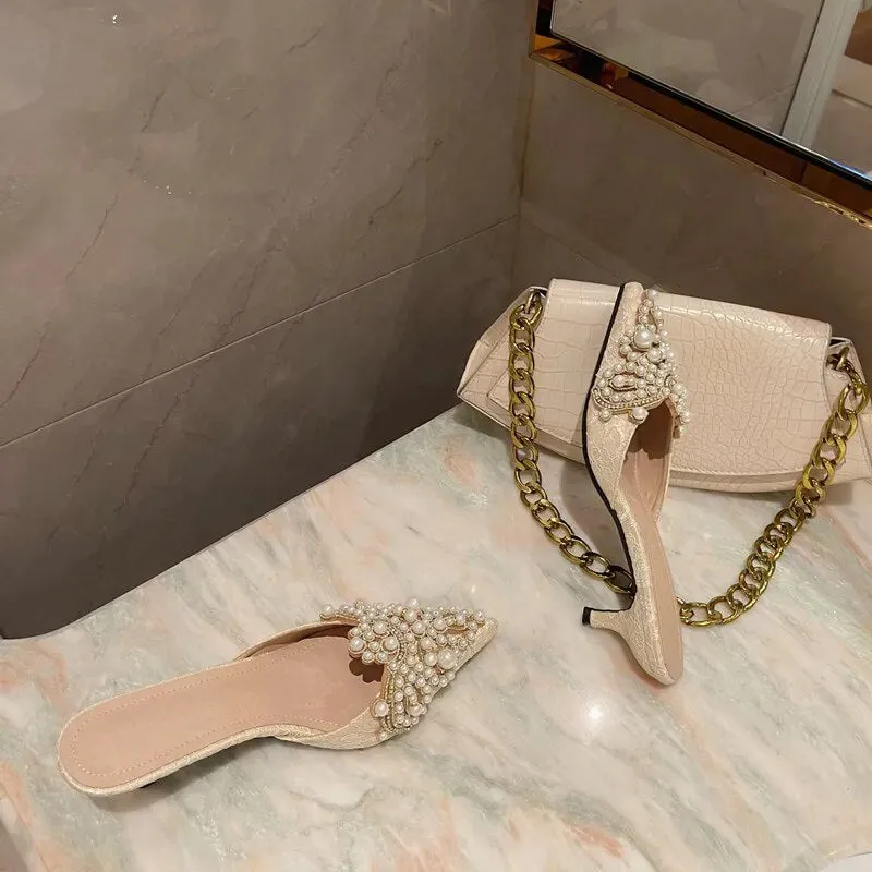 Beaded Pearl Crystal Lace Heels