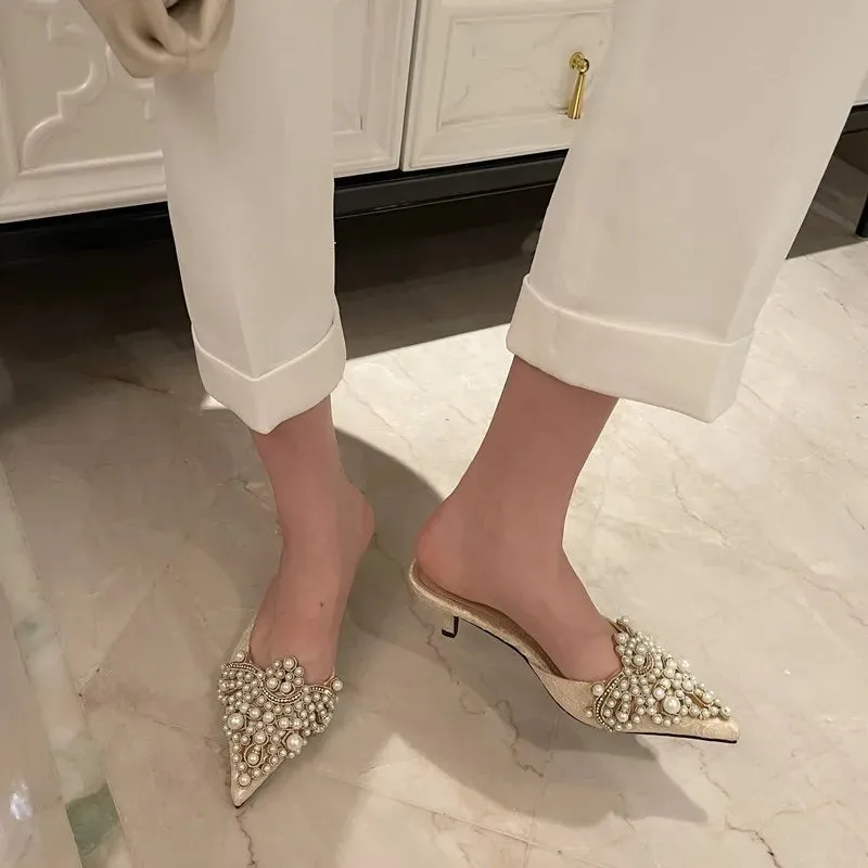 Beaded Pearl Crystal Lace Heels