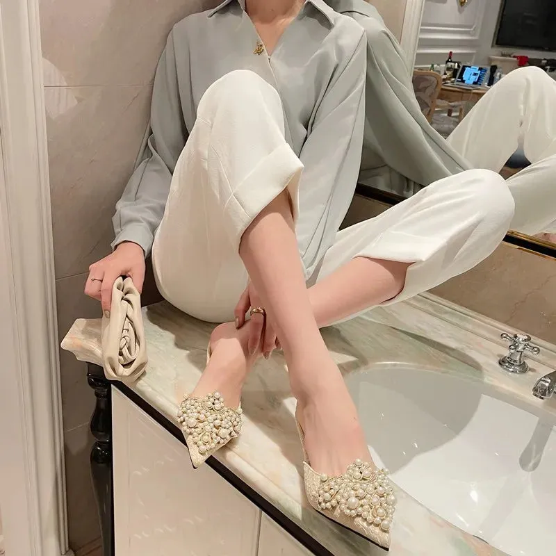 Beaded Pearl Crystal Lace Heels