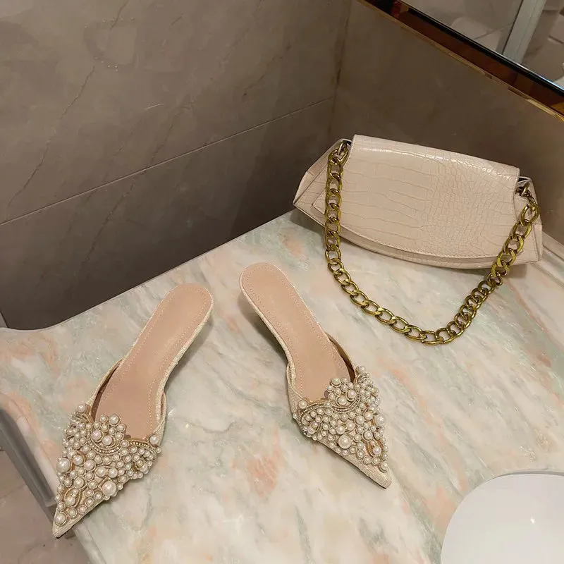 Beaded Pearl Crystal Lace Heels