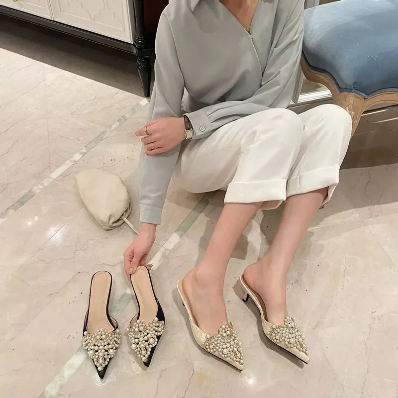 Beaded Pearl Crystal Lace Heels